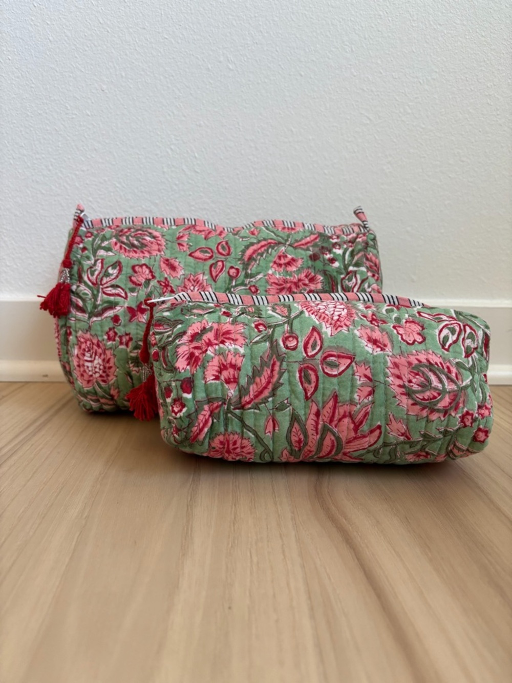 Floral Quilted Cosmetic Pouches in Green and Pink
